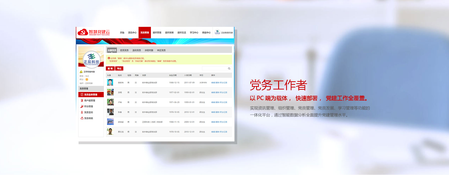黨務(wù)工作者運(yùn)用互聯(lián)網(wǎng)和大數(shù)據(jù)技術(shù)，打造集組織管理、黨員管理、組織活動(dòng)、黨費(fèi)繳納、在線(xiàn)點(diǎn)煙、民主評(píng)議等功能為一體化的信息化平臺(tái)，實(shí)現(xiàn)黨務(wù)工資流程化，工作信息電子化，有效推動(dòng)非公黨建管理工作創(chuàng)新發(fā)展；組織管理；黨員管理；組織活動(dòng)；黨員發(fā)展；流動(dòng)黨員；黨員投票；在線(xiàn)調(diào)研；黨務(wù)協(xié)同；民主評(píng)議；黨建大數(shù)據(jù)；黨務(wù)管理流程化，應(yīng)用互聯(lián)網(wǎng)技術(shù)，將組織管理、黨員管理、黨費(fèi)繳納等黨建工作發(fā)展到線(xiàn)上，實(shí)現(xiàn)黨建工作流程化管理；信息檔案電子化，全方面記錄黨員和組織的工作信息，建立黨員和組織的電子檔案，實(shí)時(shí)更新，永久保存，并能快捷查詢(xún)；黨建工作大數(shù)據(jù)，多維度、多渠道采集各種信息，利用大數(shù)據(jù)手段，圖形化方式展現(xiàn)黨建工作情況，微黨建管理工作提供依據(jù)